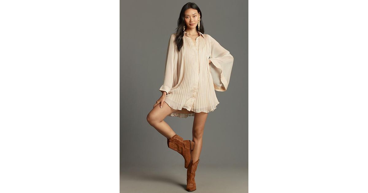 Maeve Long-Sleeve Pleated Mini Shirt Dress in Grey | Lyst UK