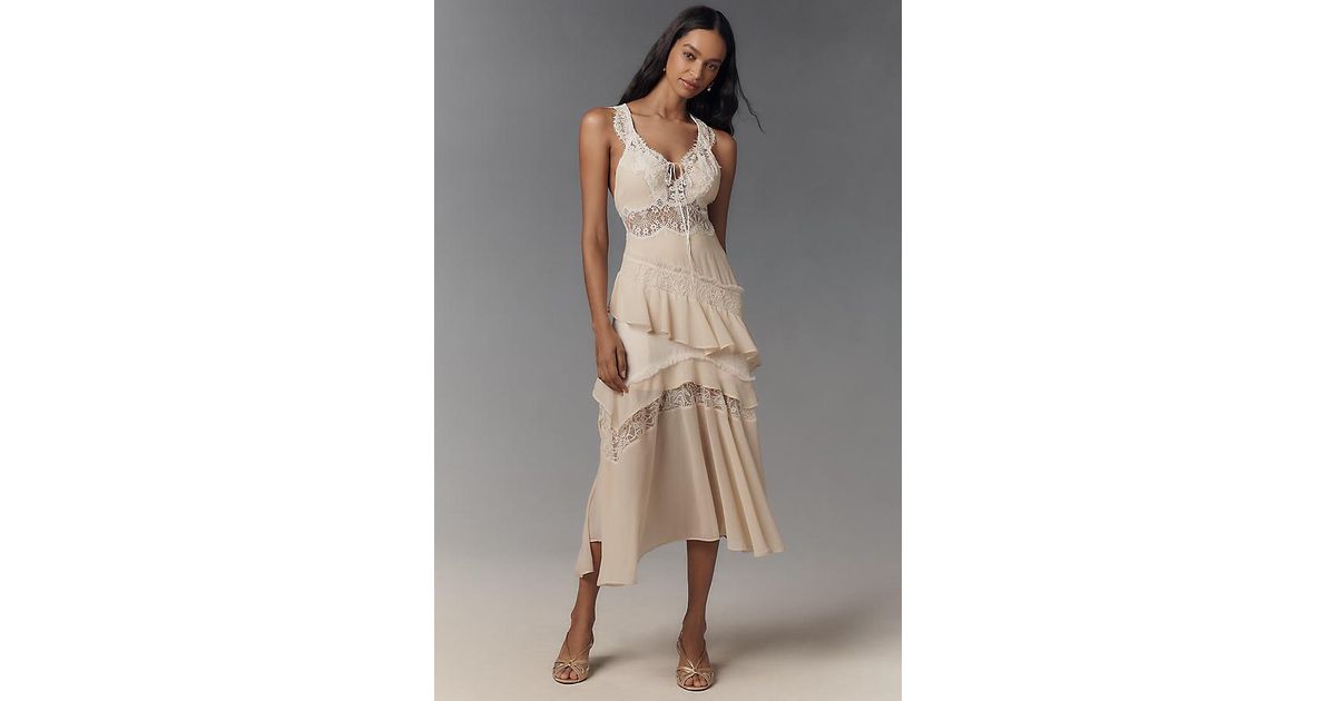 By Anthropologie Sleeveless Keyhole Tiered Lace Midi Dress in White | Lyst  UK