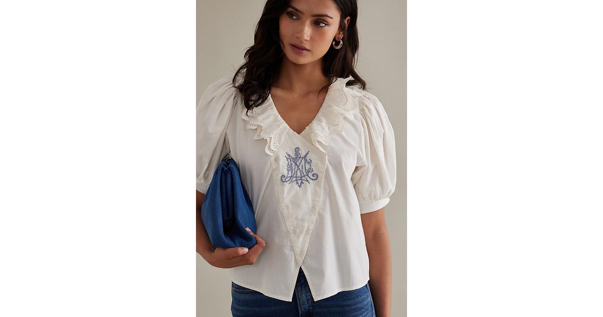 Damson Madder Lottie Puff Sleeve Ruffled Organic Cotton Blouse in