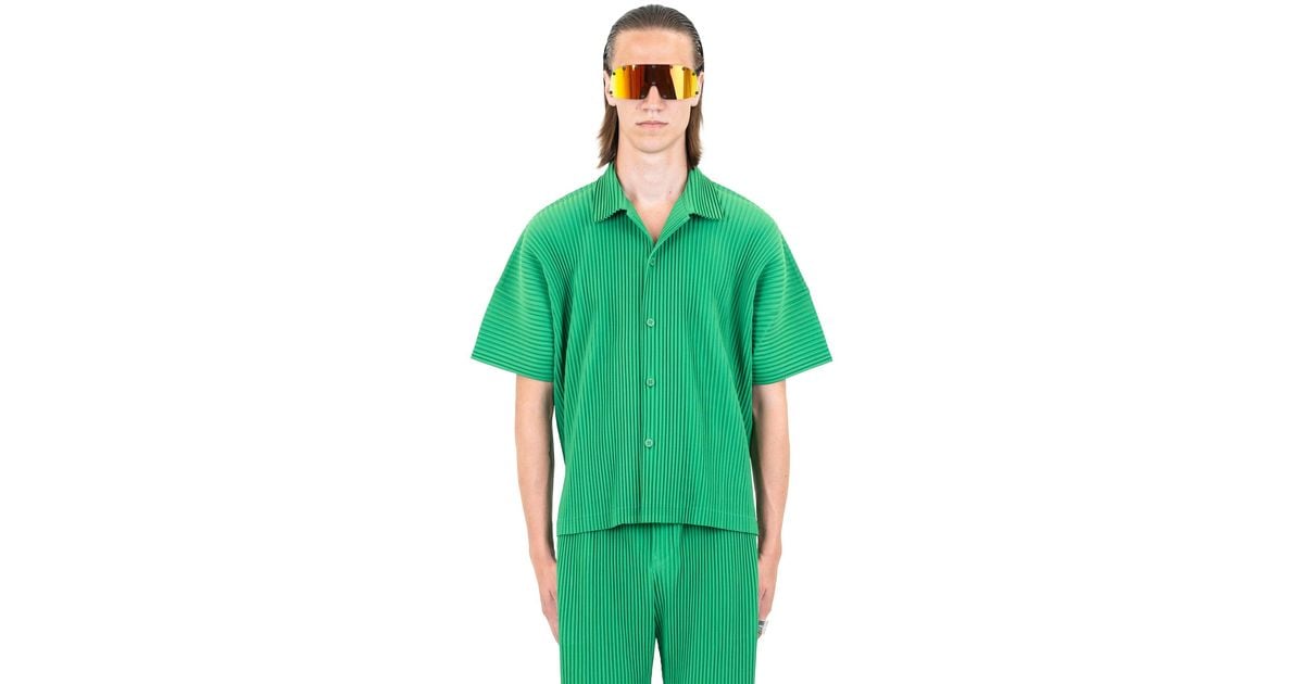 Homme Plissé Issey Miyake Camp Collar Shirt In Emerald Green for Men | Lyst