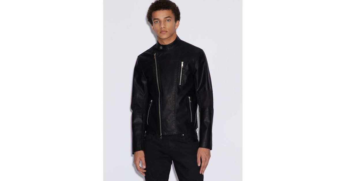 Armani Exchange Black Faux Leather Biker Jacket For Men
