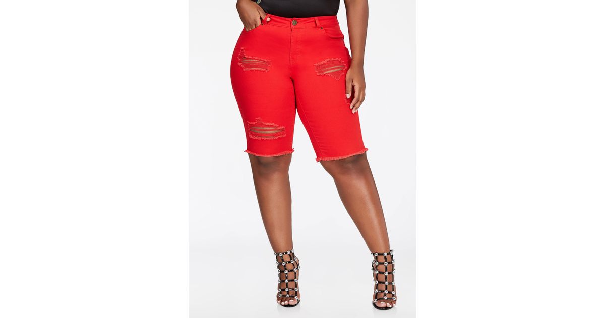 red distressed bermuda shorts