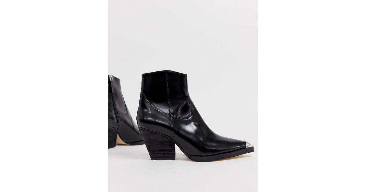 Office Arriba Black Leather Western Mid Heeled Ankle Boots With Metal Toe Cap Lyst Canada