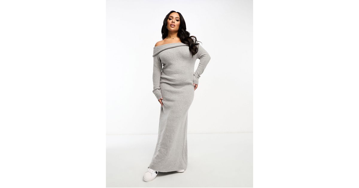 Collusion Plus Knitted Bardot Maxi Dress in White