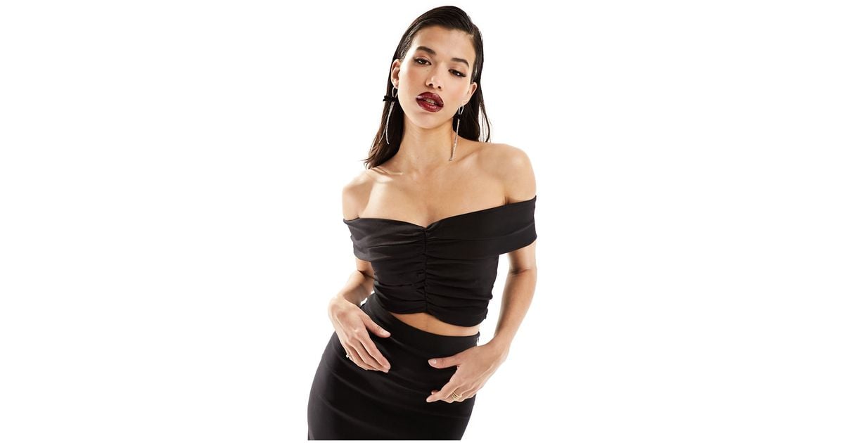 Vesper Ruched Bardot Crop Top Co ord in Black Lyst