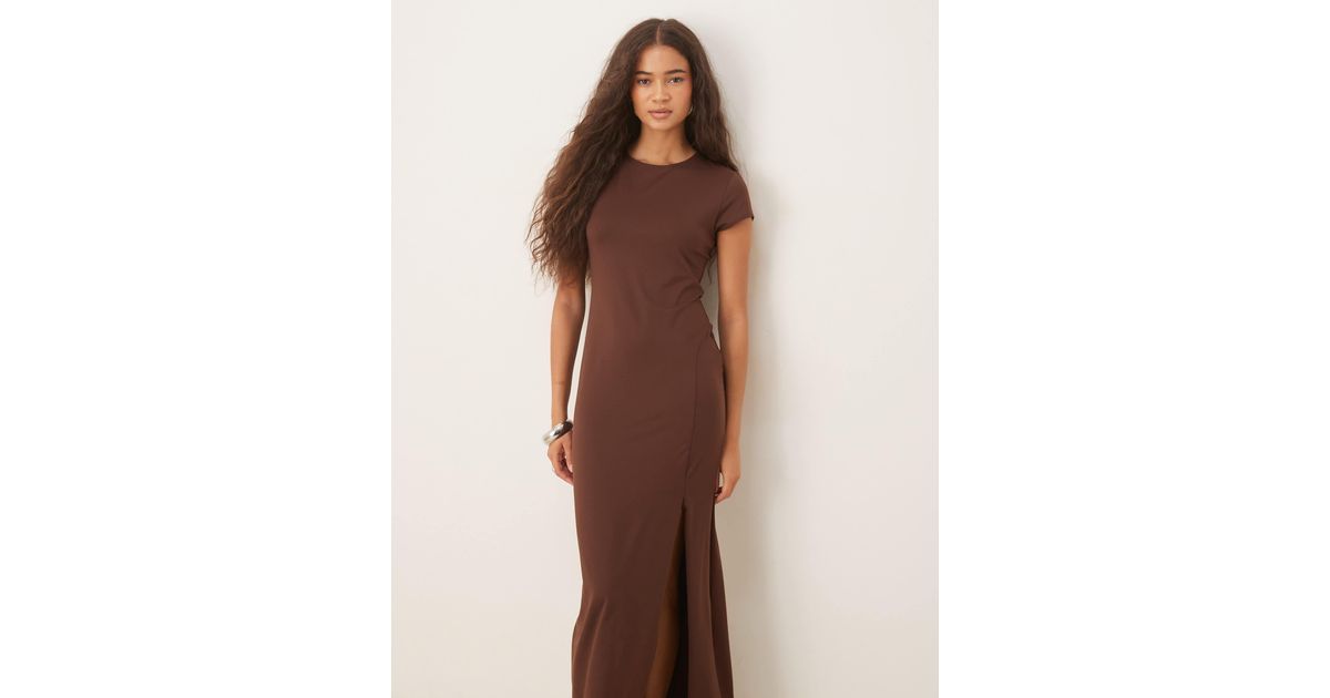 ASOS Cap Sleeve Ruched Side Midi With Front Split in Brown | Lyst