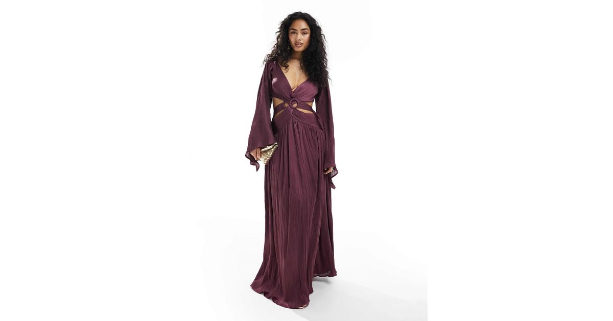 asos design long sleeve satin plisse maxi dress ASOS DESIGN plisse long sleeve drape detail maxi dress in burnt orange
