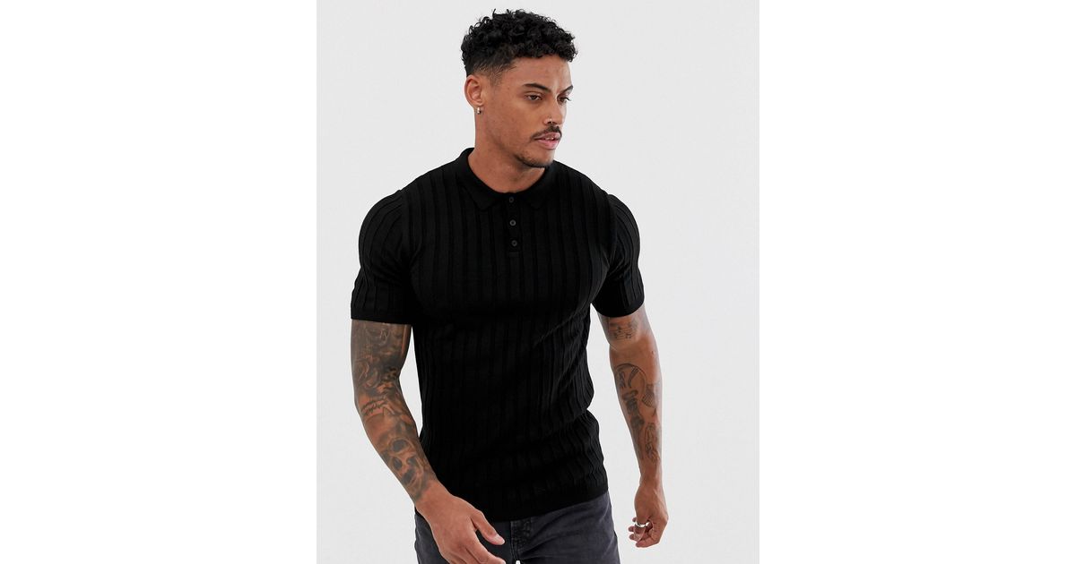 ASOS DESIGN knitted ribbed polo shirt in black