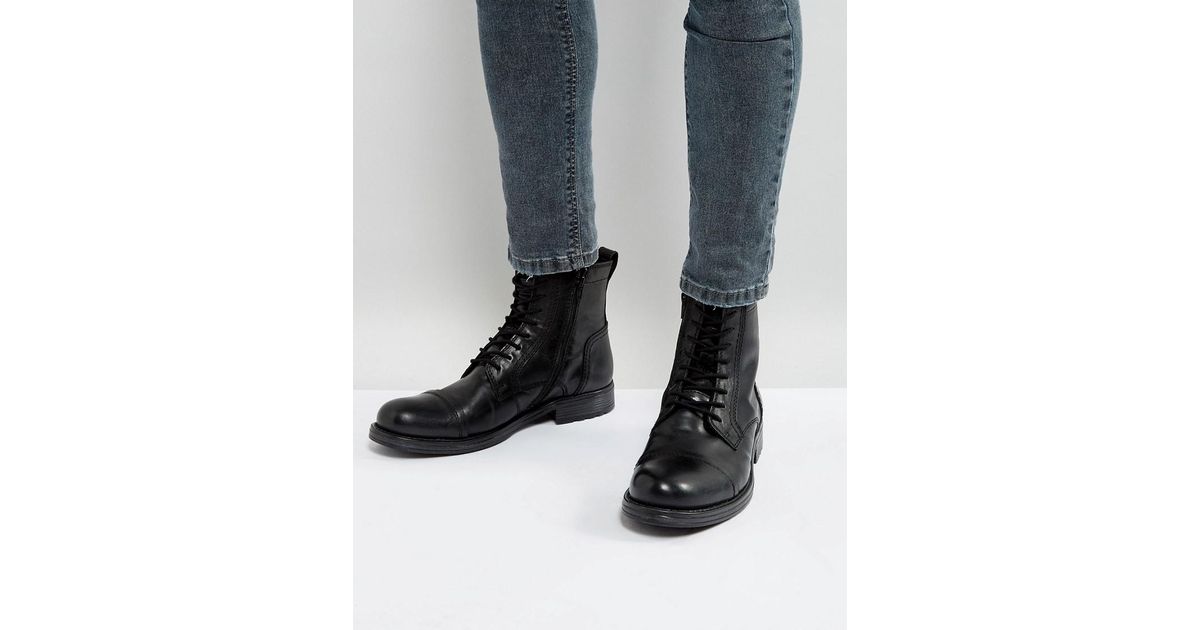 Jack & Jones Russel Leather Lace Up Boots in Black for Men | Lyst Canada