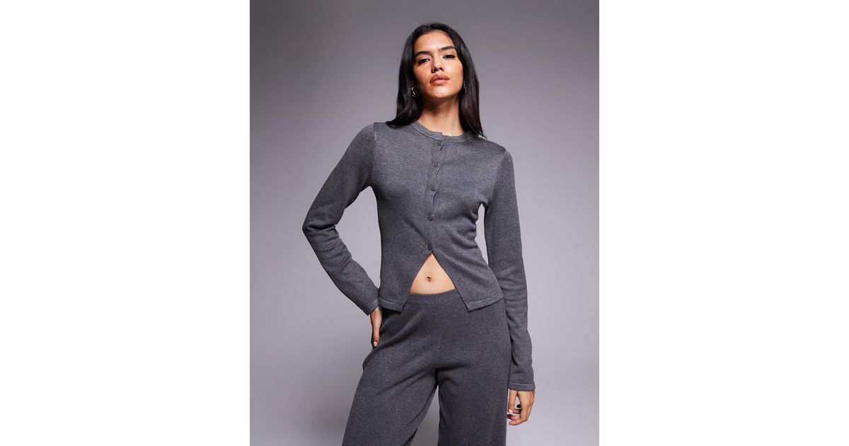 Split Front Plus Kaiia Exclusive Button-through Split Front Long Sleeve Cardigan in Gray ...