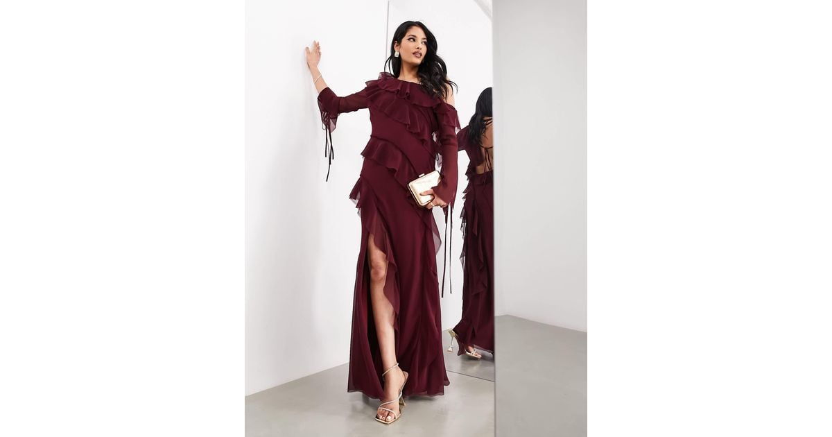 ASOS Off Shoulder Asymmetric Frill Detail Maxi Dress in Red