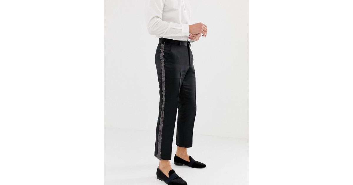 Pantaloni slim cropped eleganti in raso nero con riga di paillettes  lateraleASOS in Satin da Uomo colore Nero | Lyst