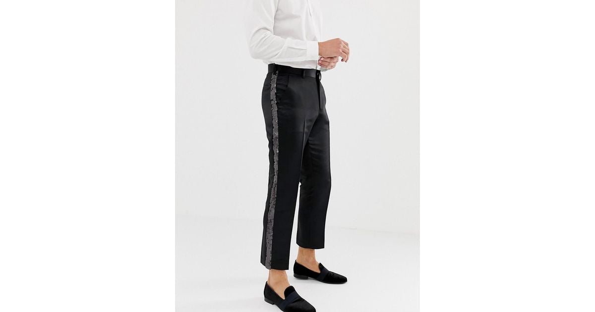 ASOS Slim Crop Smart Pants In Black Satin With Sequin Side Stripe for Men |  Lyst