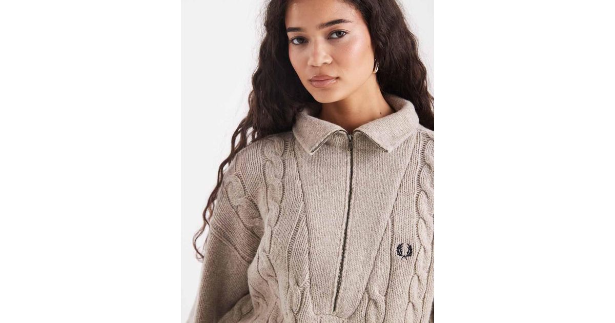 Fred Perry Half Zip Cable Knit Sweater in Grey | Lyst UK