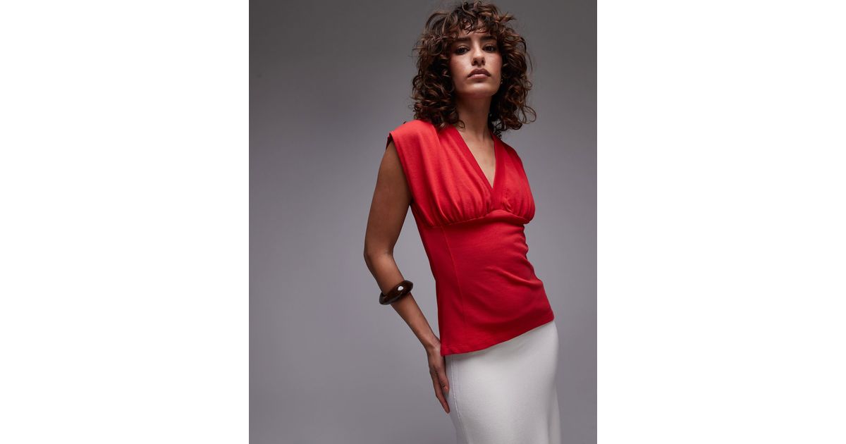 TOPSHOP V-neck Sleeveless Structu Top in Red | Lyst