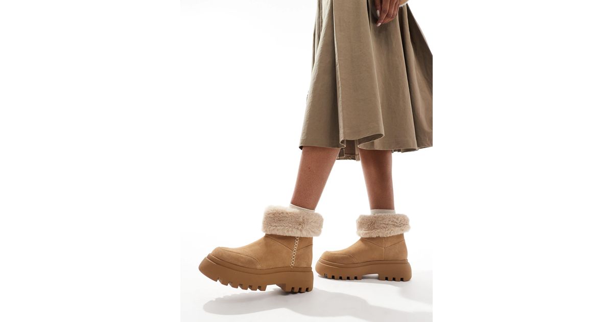 Stradivarius Faux Fur Chunky Ankle Boot in Brown Lyst