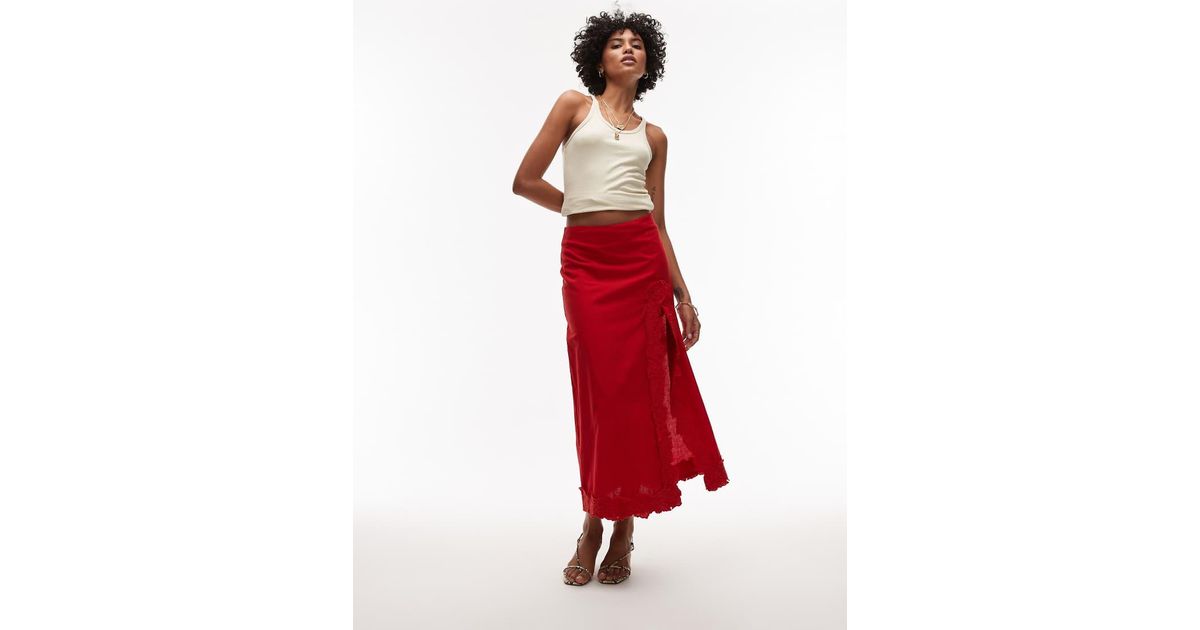 TOPSHOP Floral Cutwork Midi Skirt With Split in Red Lyst UK