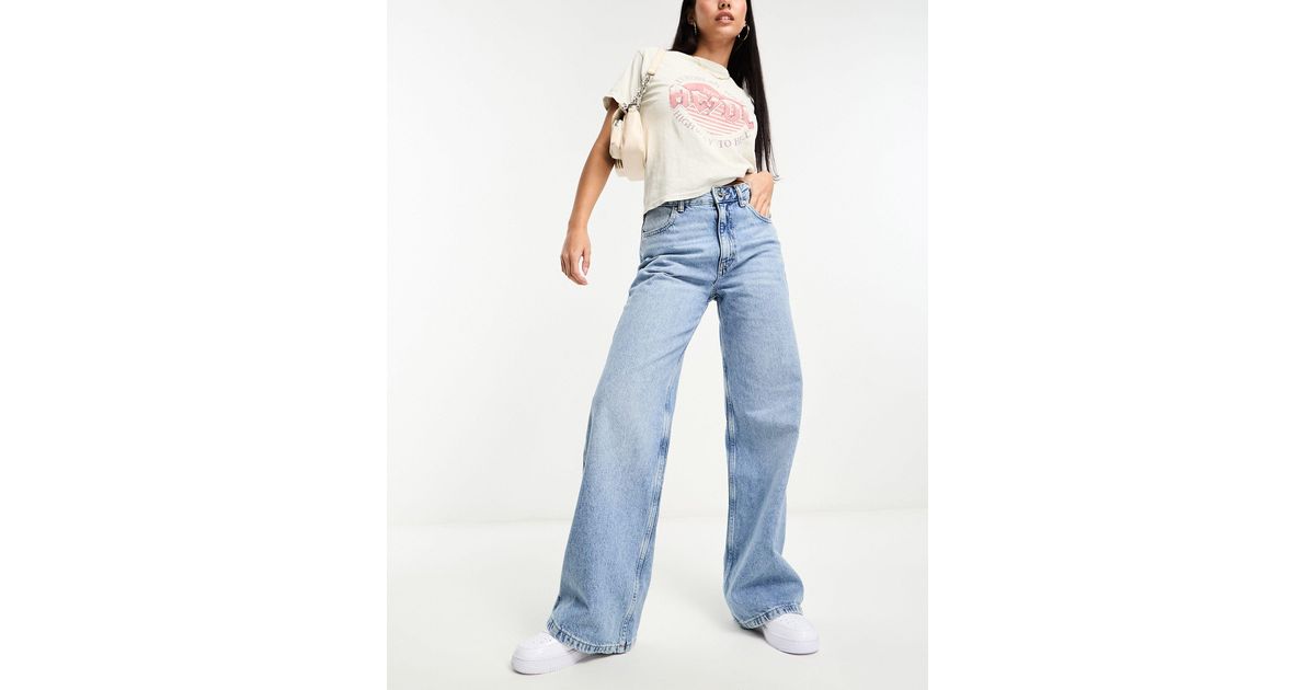 Pull&Bear mid rise wide leg jean in dirty wash blue