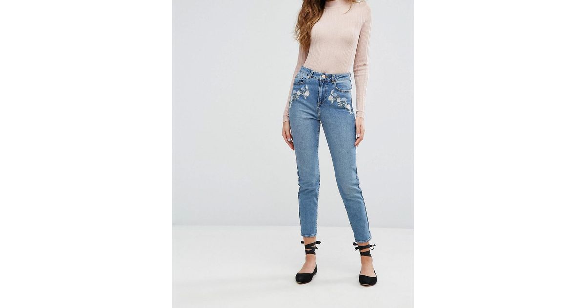 Miss Selfridge Floral Embroidered Mom Jeans in Blue | Lyst
