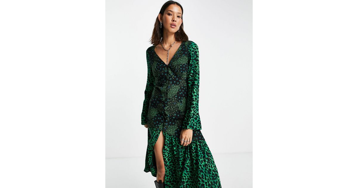 TOPSHOP Mix And Match Star And Leopard Print Button Front Midi Dress in  Green | Lyst UK