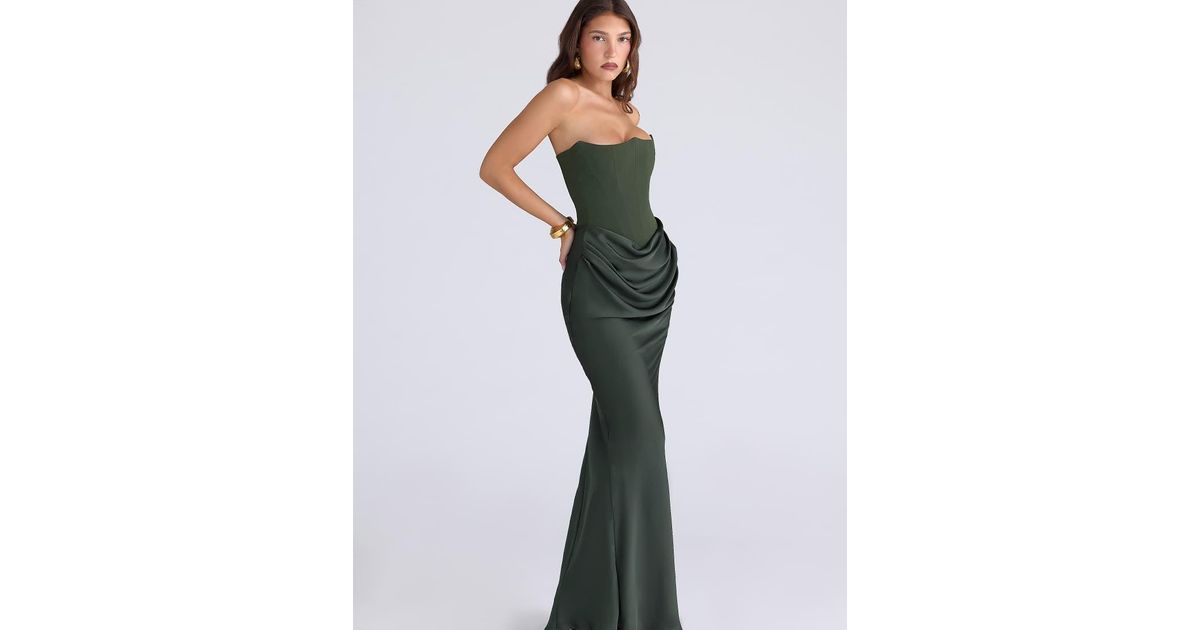 House Of Cb Persephone Forest Crepe Strapless Corset Maxi Dress in Green |  Lyst UK