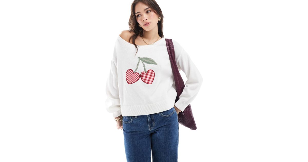 Hollister Off Shoulder Cherry Motif Jumper in Blue Lyst