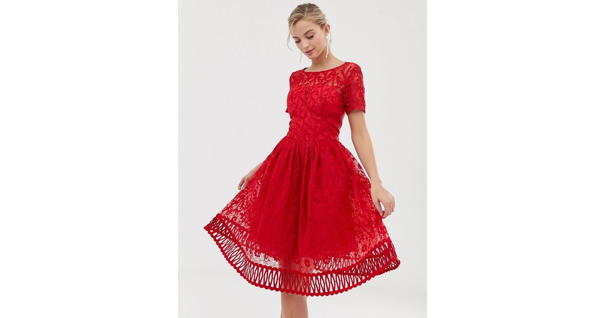 knee length dresses for ladies Chi Chi Bardot Premium Lace Dip Hem Dress in Red, Size 8 main image 0