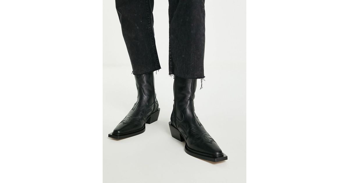 TOPSHOP Ariel Premium Leather Stitched Western Boots in Black | Lyst