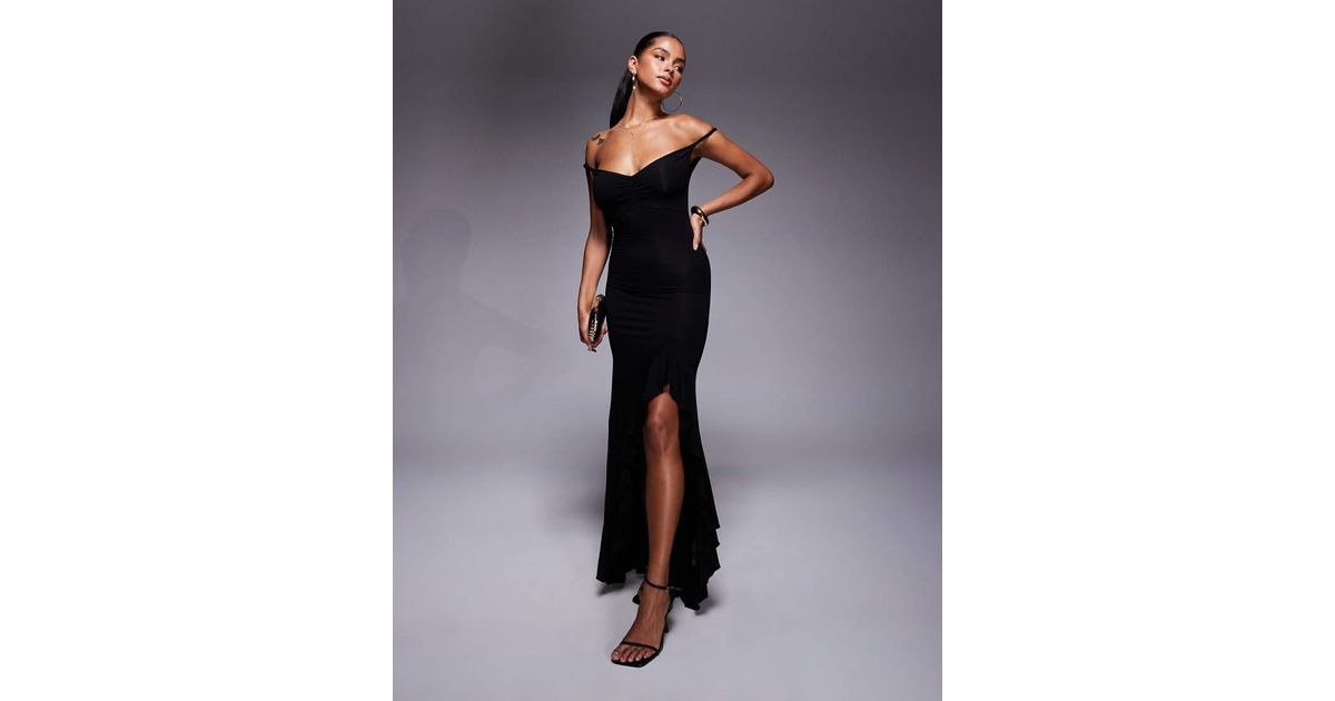 ASOS Twist Off Shoulder Frill Hem Maxi Dress in Blue | Lyst UK