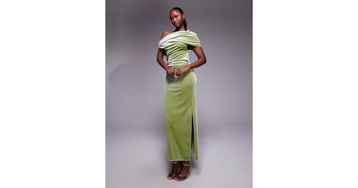 asos design fallen ruched shoulder pleated midi dress in velvet ASOS Velvet Midi Dress With Fallen Shoulder in Green