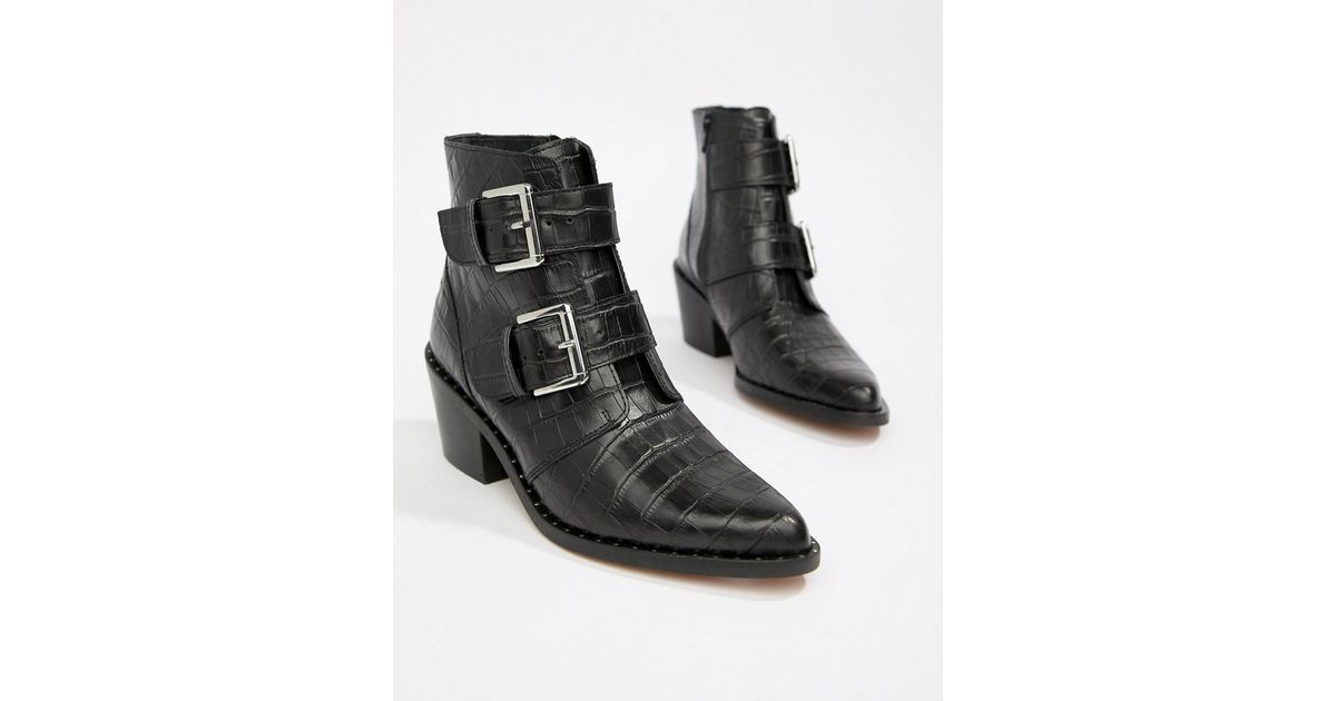 kurt geiger denny black croc effect black ankle boots with buckle detail