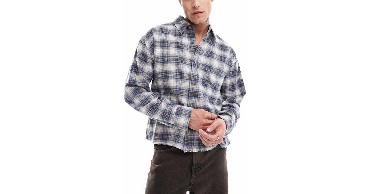 Abercrombie Fitch Cropped Check Slub Flannel Shirt in Grey for