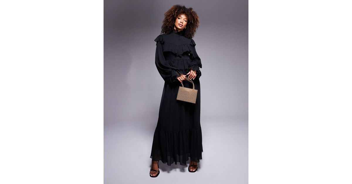 DASKA High Neck Chiffon Ruffle Maxi Dress in Black | Lyst