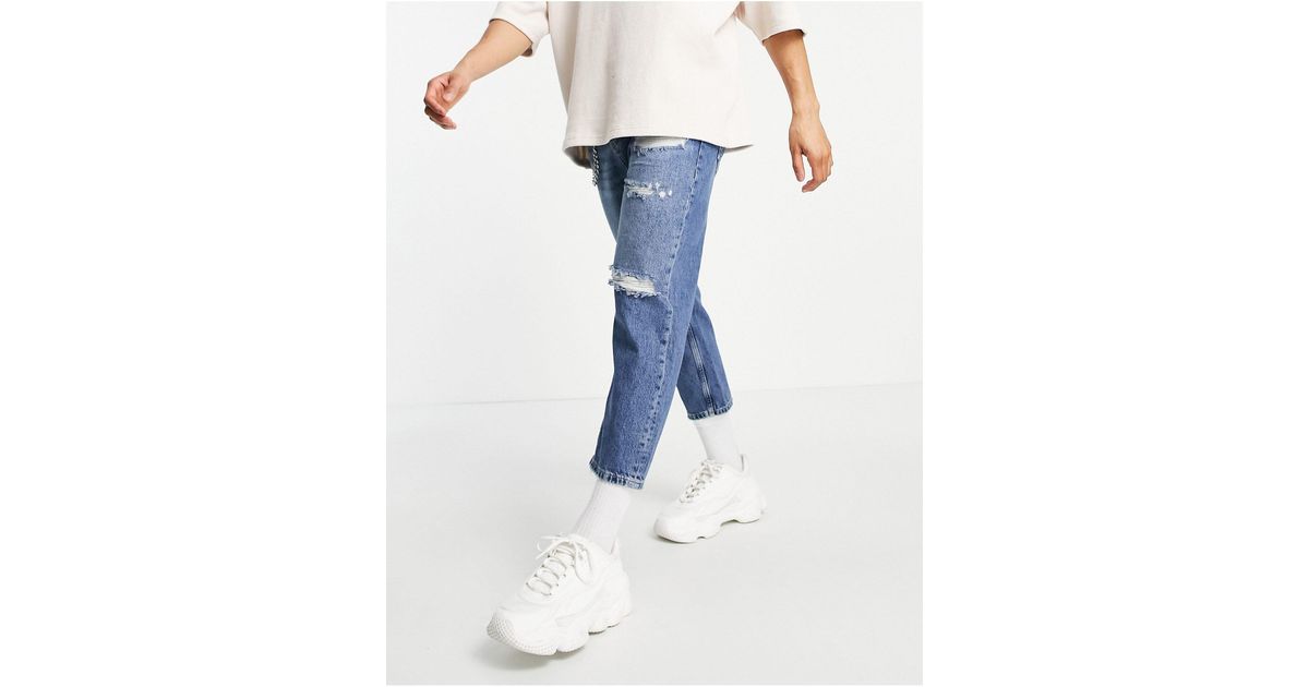 Pull\u0026Bear Denim Relaxed Fit Jeans With Chain And Rips in Blue for Men |  Lyst Australia