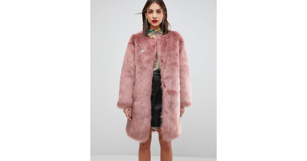 Mango Denim Oversized Faux Fur Coat In, Mango Pink Fur Coat