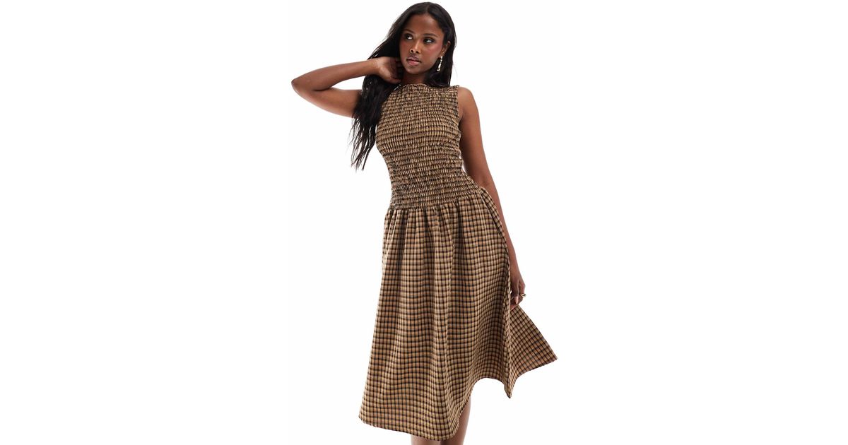Daisy Street Drop Waist Shirred Midaxi Dress in Brown | Lyst