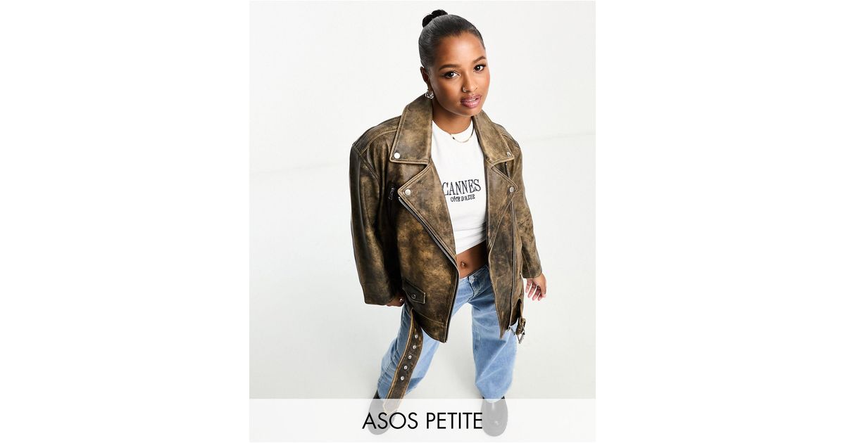 ASOS Asos Design Petite Premium Washed Real Leather Oversized Biker Jacket  in White | Lyst UK