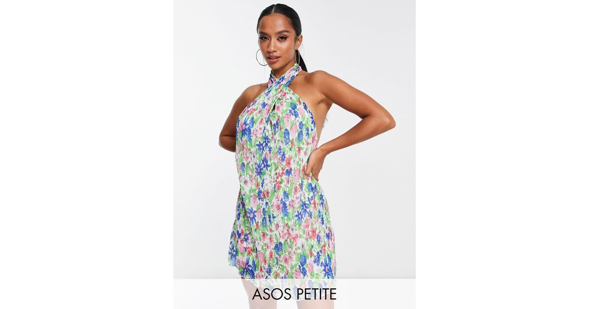 ASOS Synthetic Petite Plisse Halter Mini Dress in Blue Lyst UK
