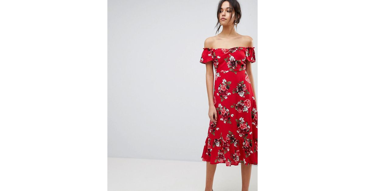 red off shoulder floral dress