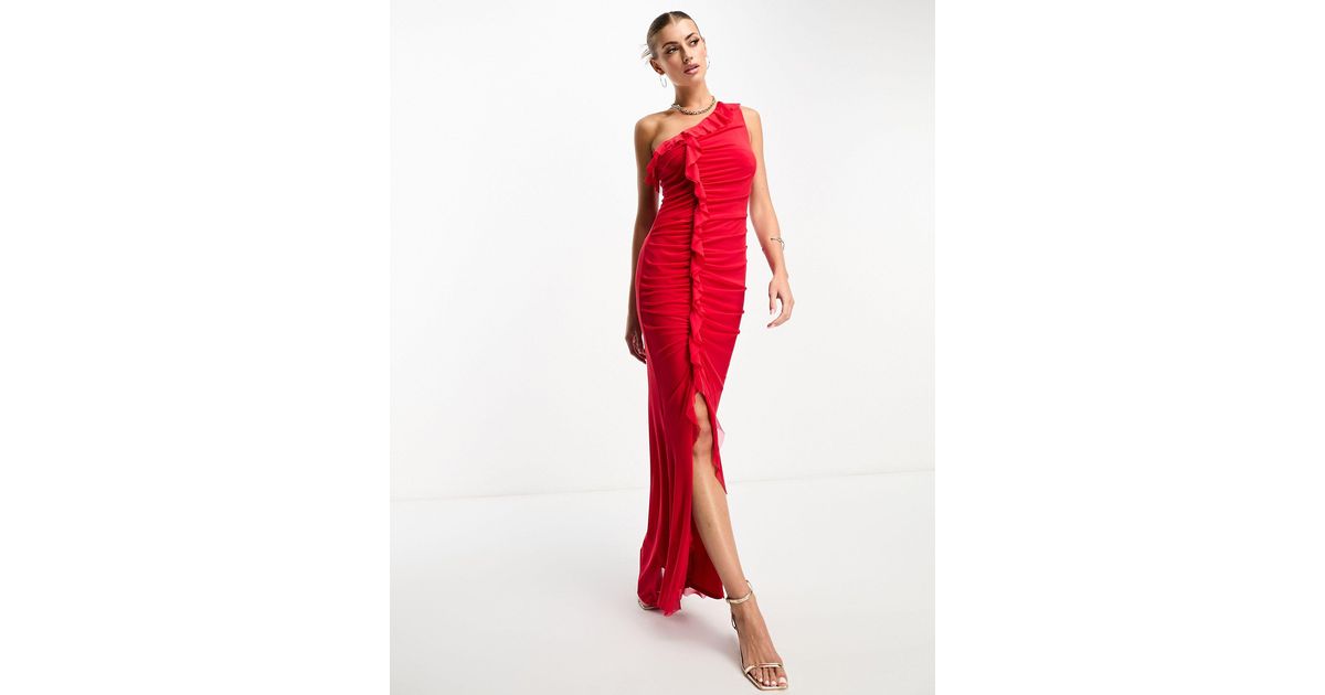 Flounce London Flounce Ruched Mesh Maxi Dress With Ruffle Detail In Red