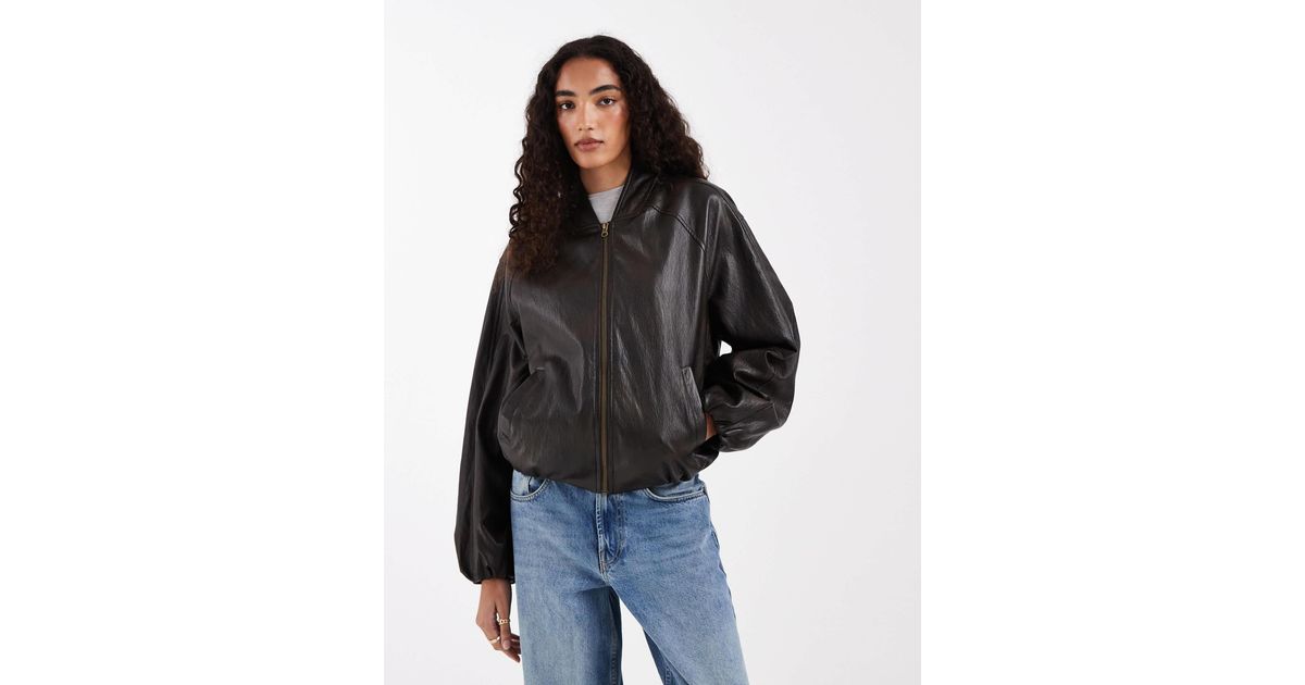 ASOS Asos Design Tall Washed Leather Look Oversized Bomber Jacket in ...
