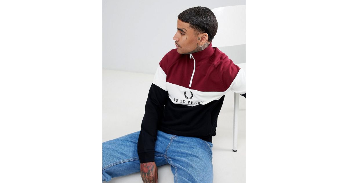 Fred Perry Sports Authentic 90s Logo 1/4 Zip Panel Sweat In Black/burgundy  for Men | Lyst