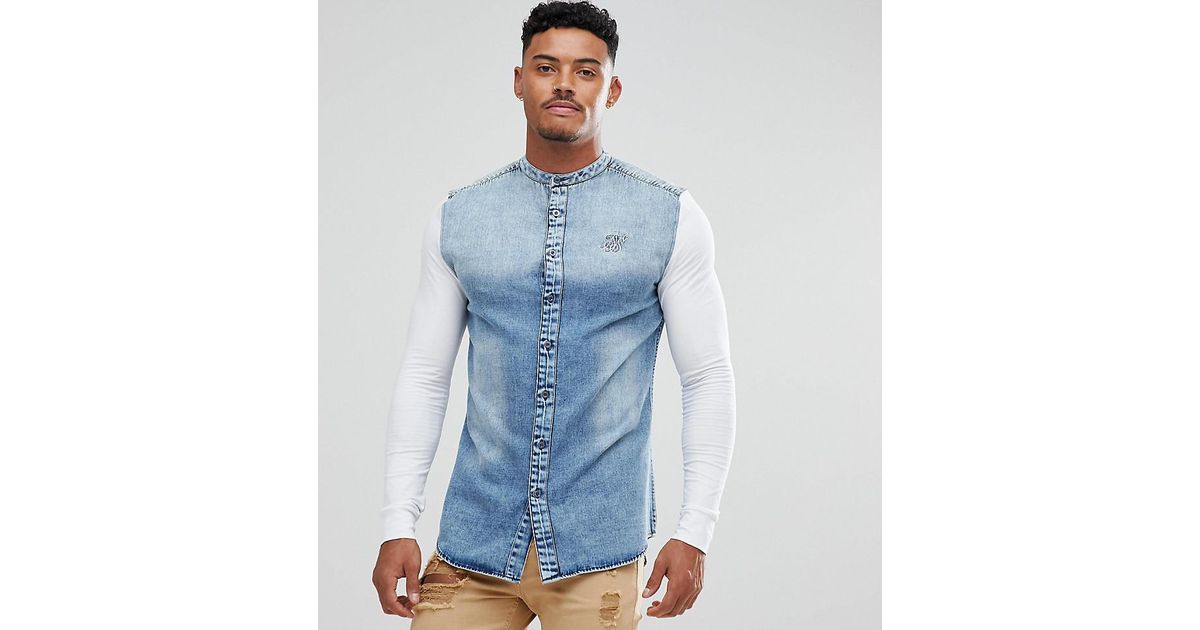SIKSILK Muscle Denim Shirt In Blue With Jersey Sleeves for Men | Lyst Canada