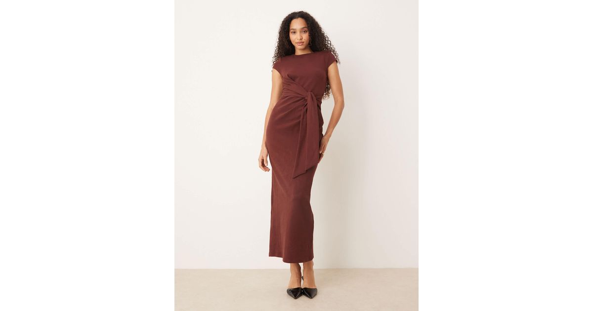 ASOS Cap Sleeve Tie Side Midi Dress in Brown | Lyst