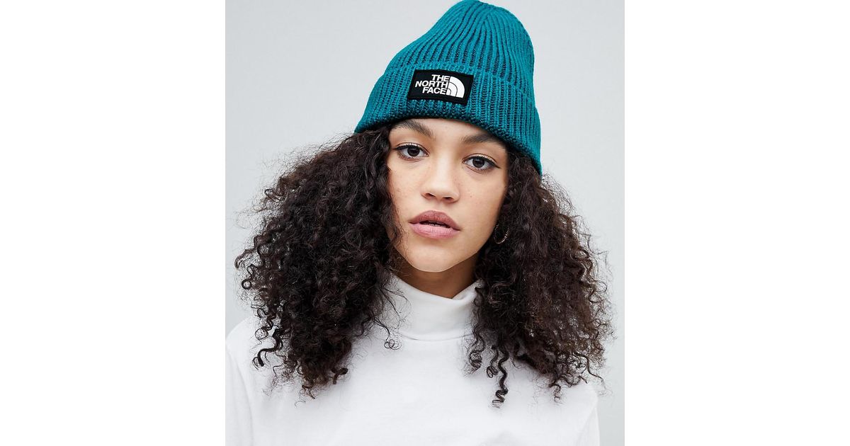 The North Face Synthetic Logo Box Cuffed Beanie Hat In Everglade 