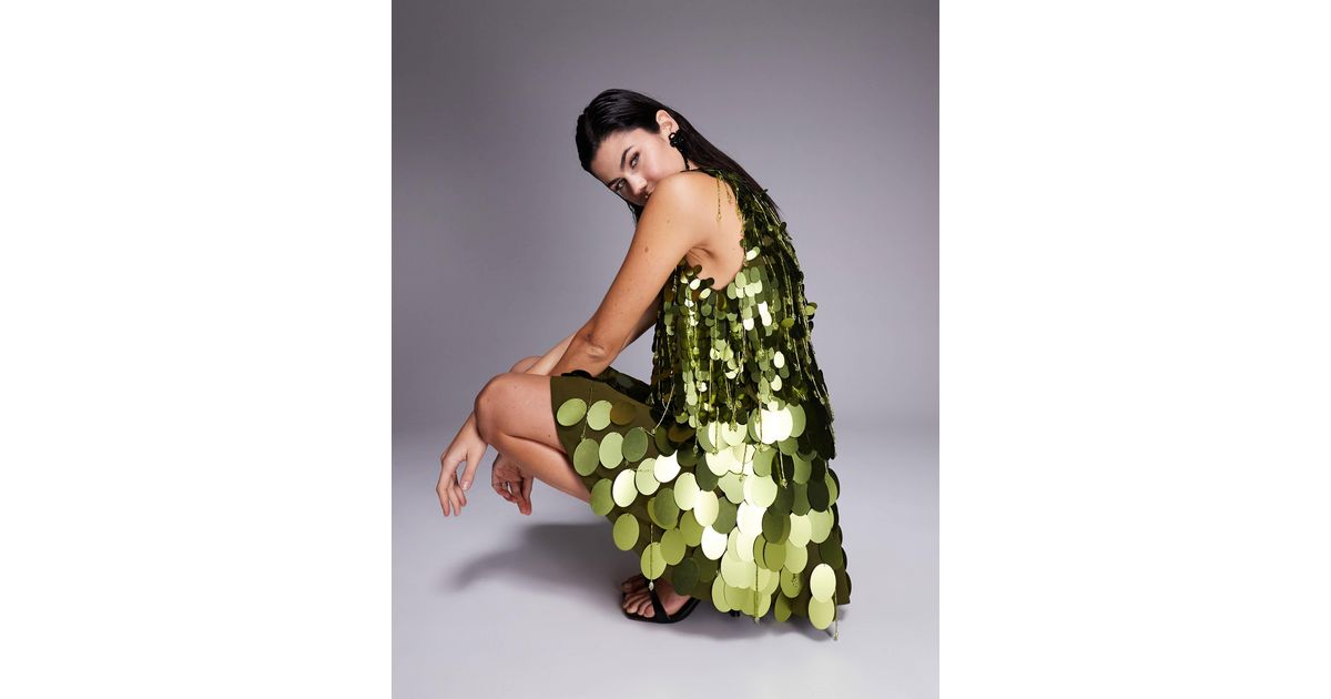 ASOS Dropped Slouchy Waist Embellished Mini Dress in Green | Lyst