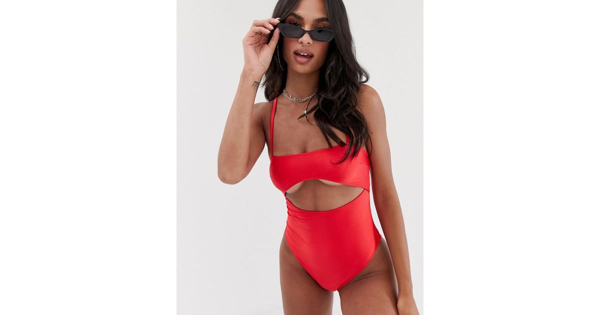 ASOS Skinny Strap Super Crop Underboob Swimsuit in Red
