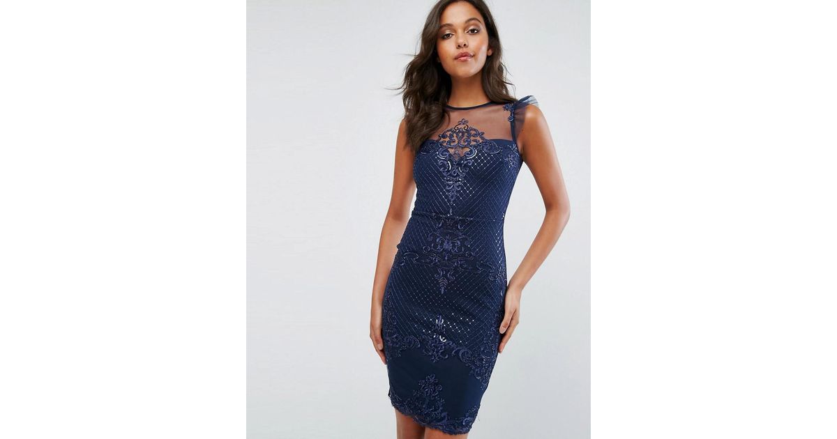 Lipsy Michelle Keegan Love Sequin Frill Lace Bodycon Dress in Navy (Blue) - Lyst