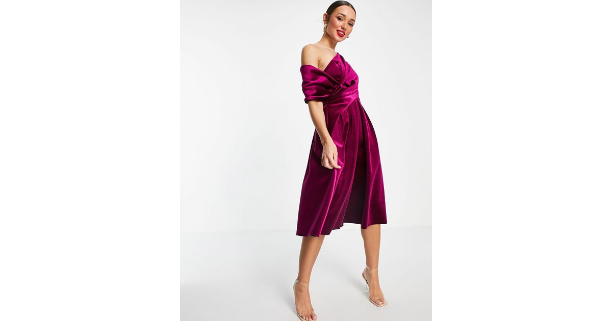 ASOS Velvet Bare Shoulder Prom Midi Dress in Red | Lyst Canada