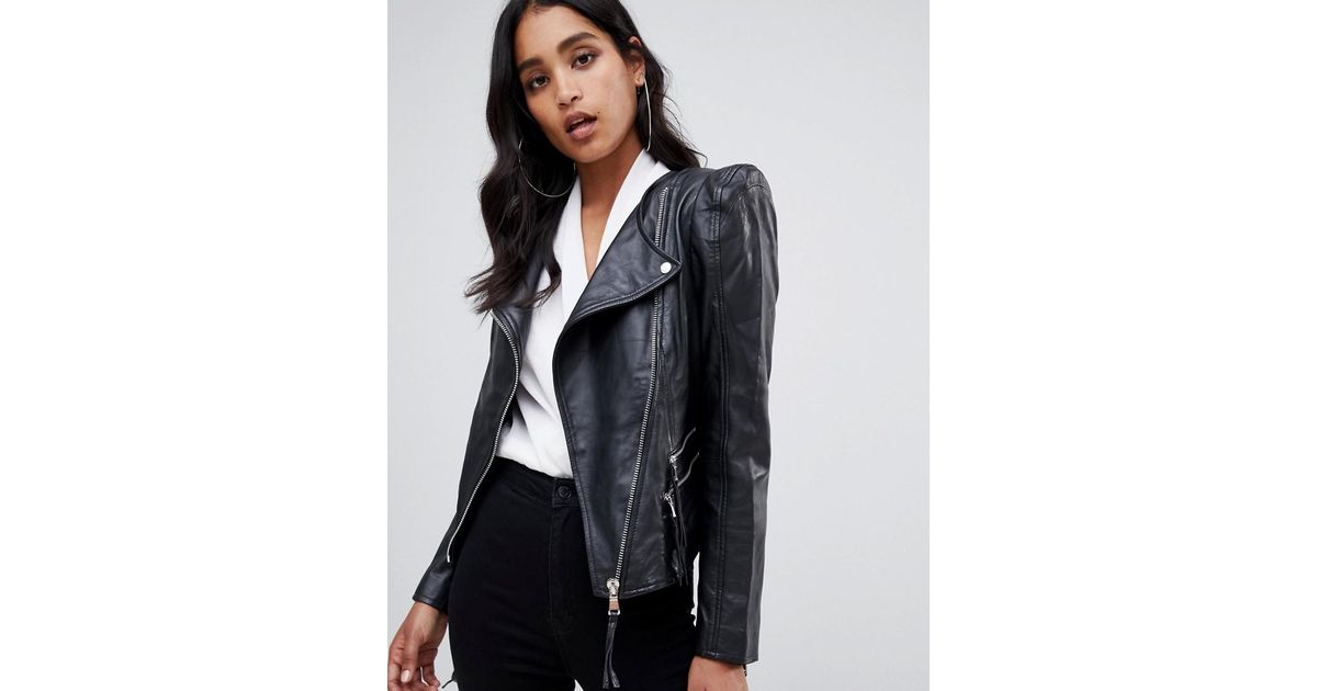 ASOS Asos Leather Biker Jacket With Shoulder Pads in Black Lyst UK